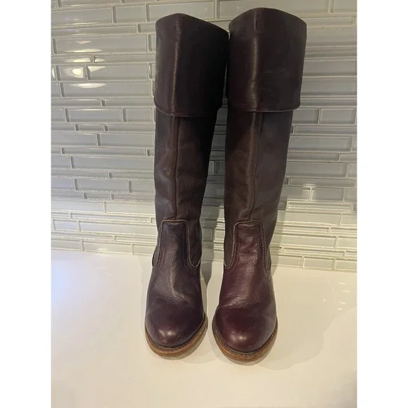 Vintage Dexter High Burgundy Leather Heeled 5 1/2M Boho Cuffed Boots - Picture 4 of 12